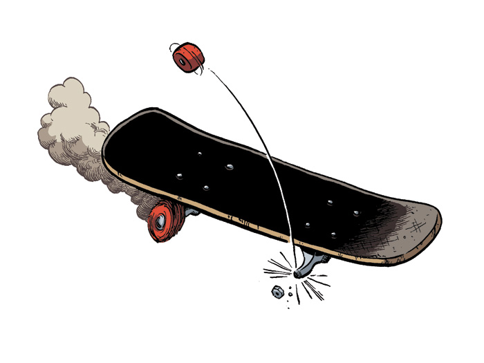 Skateboard losing a wheel (by Dakota McFadzean)