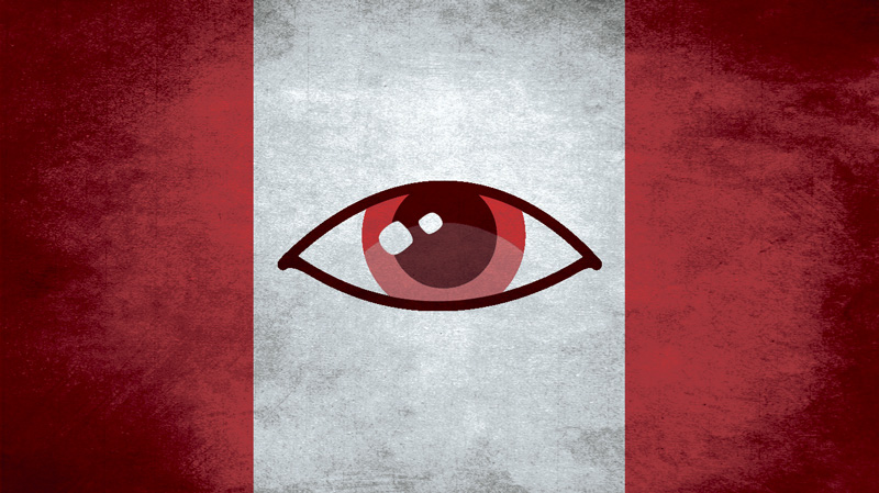 Canadian flag with spying eye - illustration by Paul Klassen